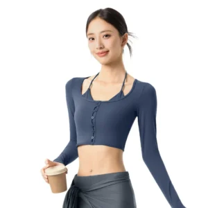 wholesale long sleeve top in navy blue crew neck with button front detail and crisscross straps