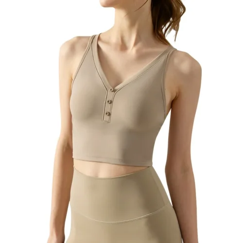 wholesale sports bra in beige with deep V-neck and button detail