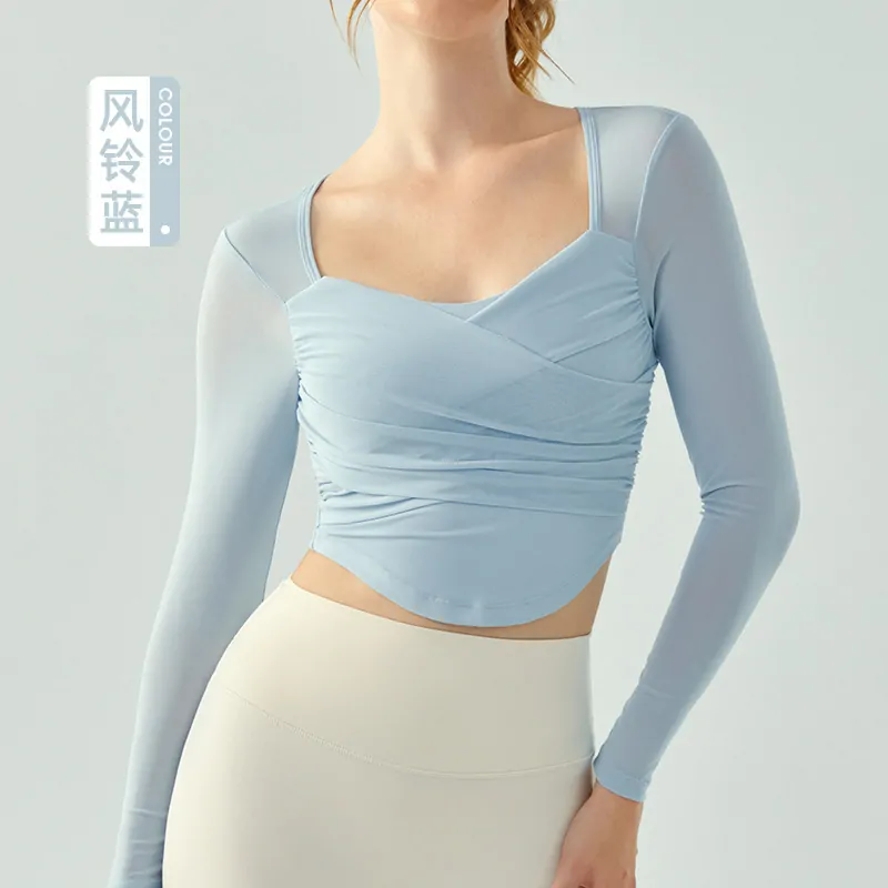 Crisscross Mesh Long Sleeve: Lightly Lined Crop Top with Moisture-Wicking Comfort for Fall - 图片 3