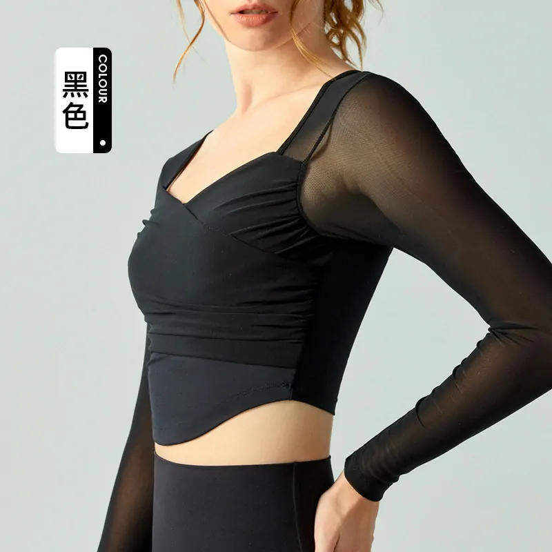 Crisscross Mesh Long Sleeve: Lightly Lined Crop Top with Moisture-Wicking Comfort for Fall - 图片 2