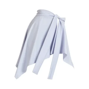 A lavender asymmetrical wrap skirt with a wide white bow detail at the waist, featuring multiple flowing fabric panels that create a layered, dynamic look