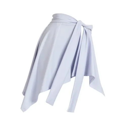 A lavender asymmetrical wrap skirt with a wide white bow detail at the waist, featuring multiple flowing fabric panels that create a layered, dynamic look