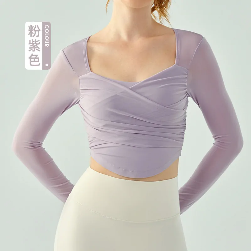 Crisscross Mesh Long Sleeve: Lightly Lined Crop Top with Moisture-Wicking Comfort for Fall - 图片 5