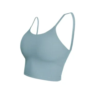wholesale sports bra in light grey-blue wirefree with U-neck and crisscross back straps
