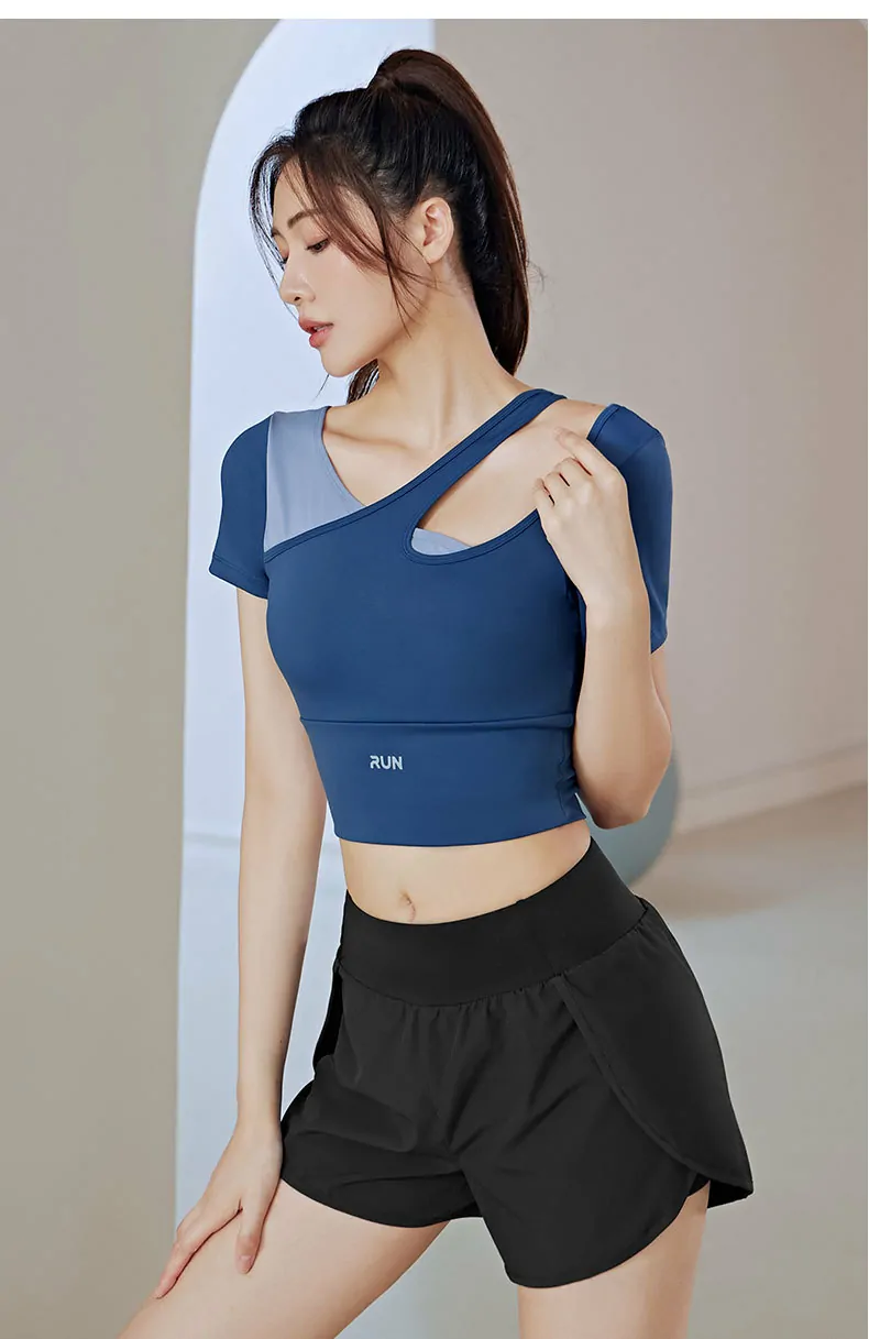 Off-Shoulder Color Block Fitness Top - Built-in Bra & Contoured Fit for Yoga & Dynamic Workouts - 图片 3
