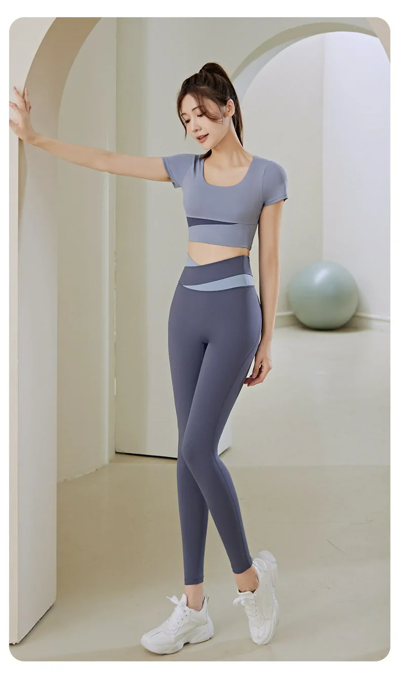 Cropped Color Block Workout Set - Booty Lifting Shorts & Mid-Thigh Layer for Running & Yoga - 图片 2