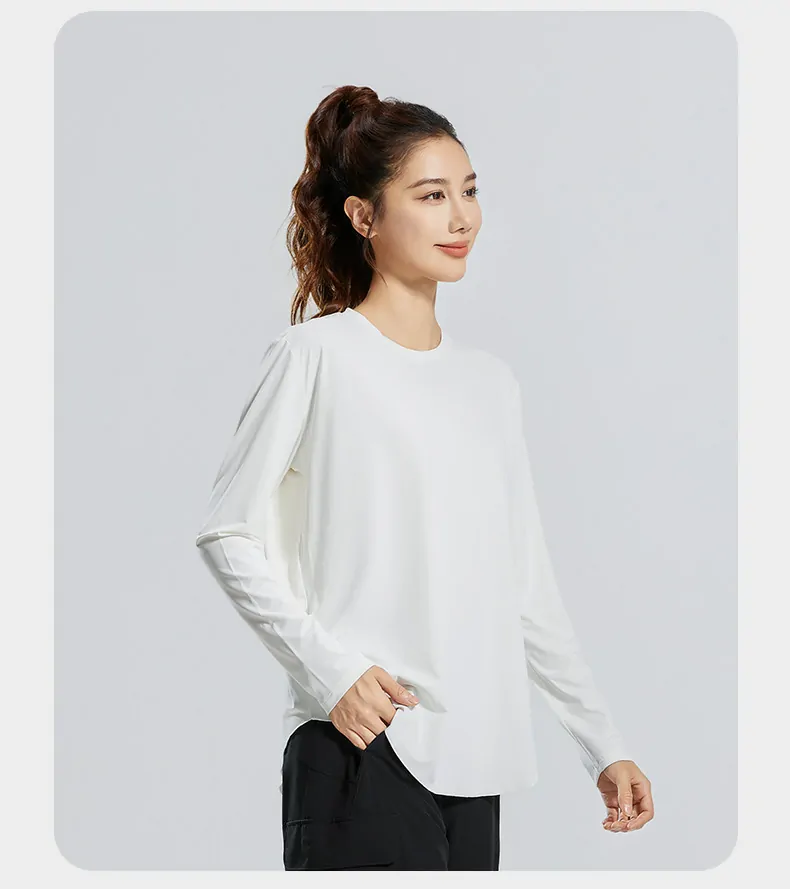 Bamboo Fiber Long Sleeve Cover-Up - Breathable Round Neck Oversized Top for Yoga & Lounge - 图片 2