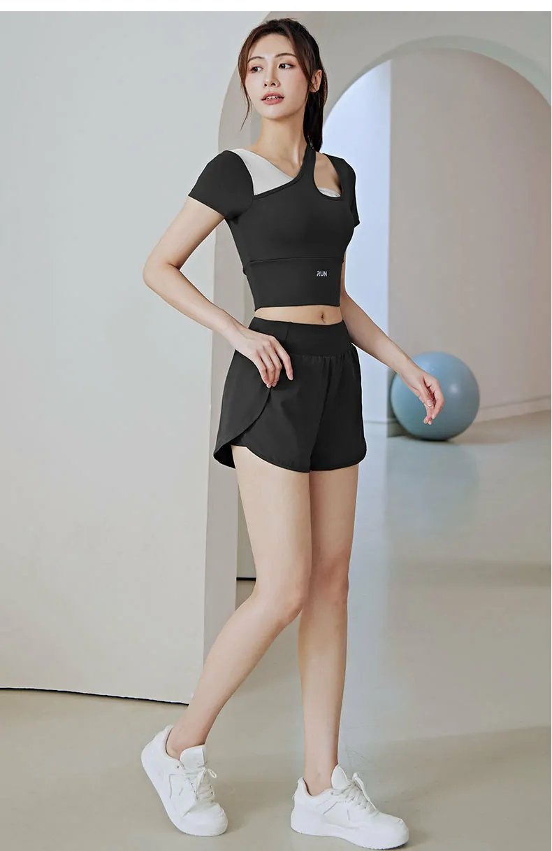 Off-Shoulder Color Block Fitness Top - Built-in Bra & Contoured Fit for Yoga & Dynamic Workouts - 图片 6