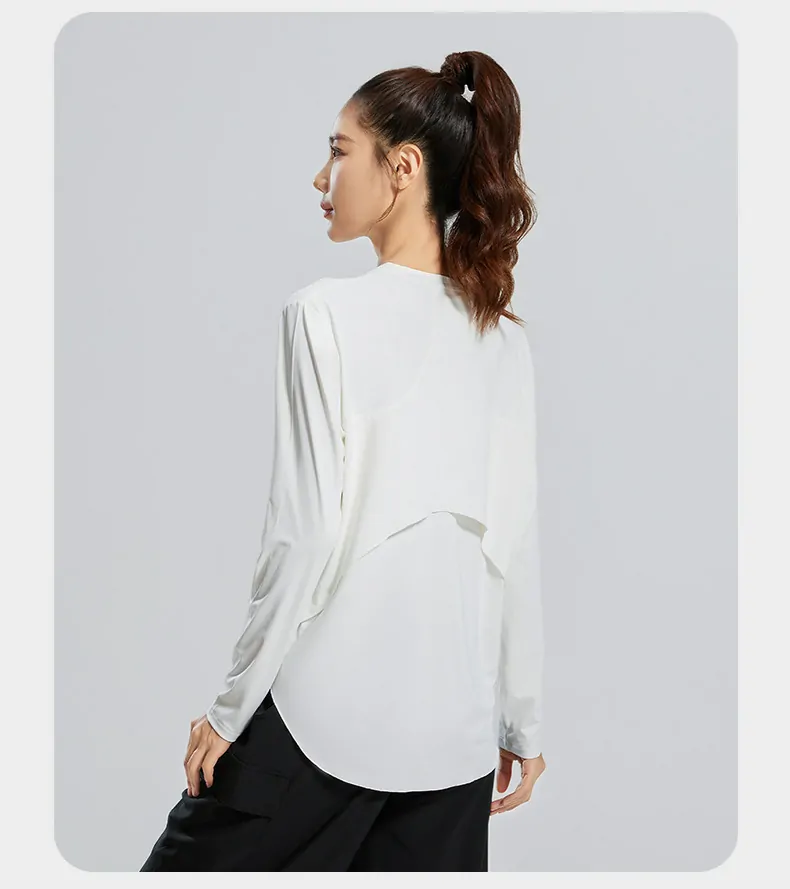 Bamboo Fiber Long Sleeve Cover-Up - Breathable Round Neck Oversized Top for Yoga & Lounge - 图片 3