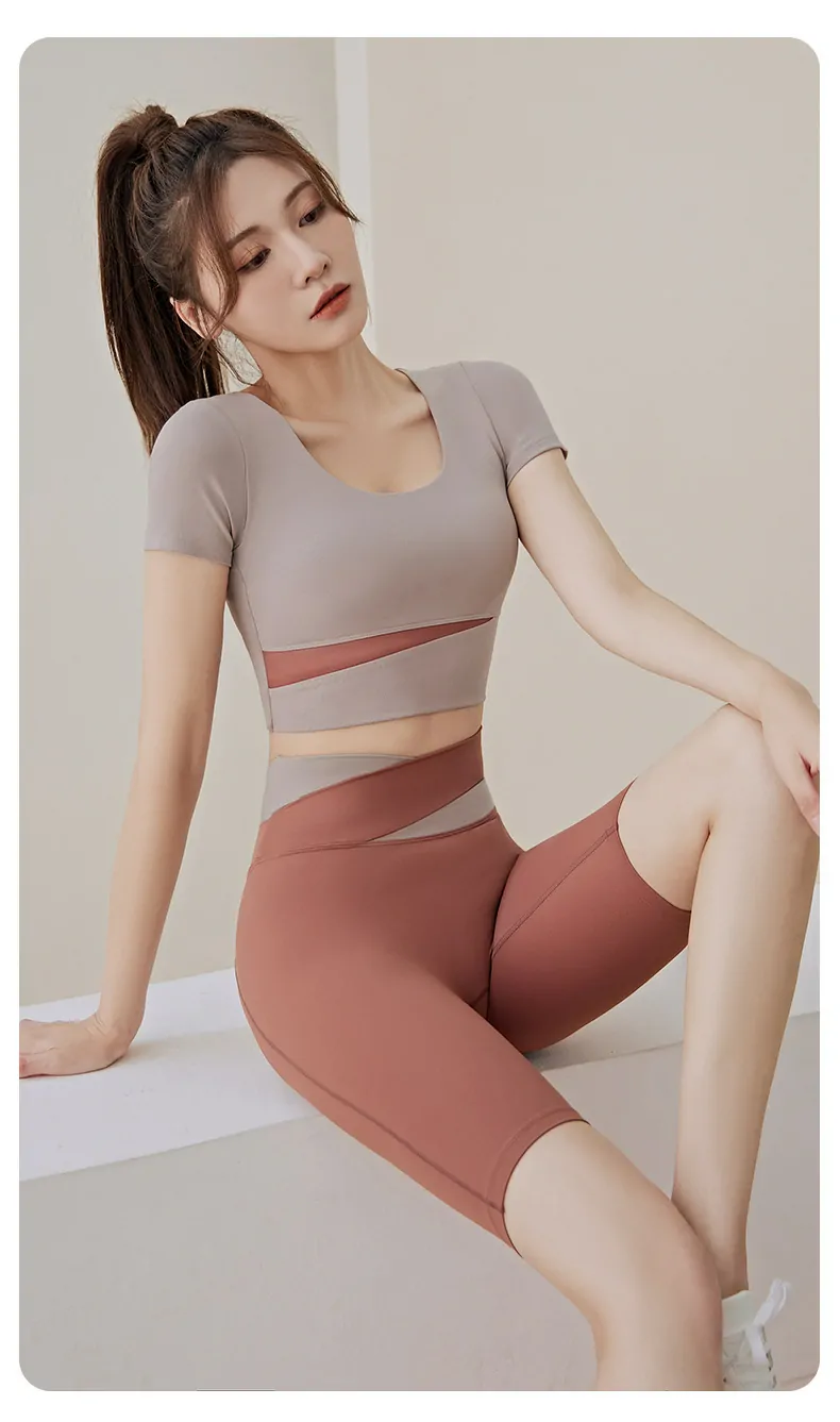 Cropped Color Block Workout Set - Booty Lifting Shorts & Mid-Thigh Layer for Running & Yoga - 图片 5
