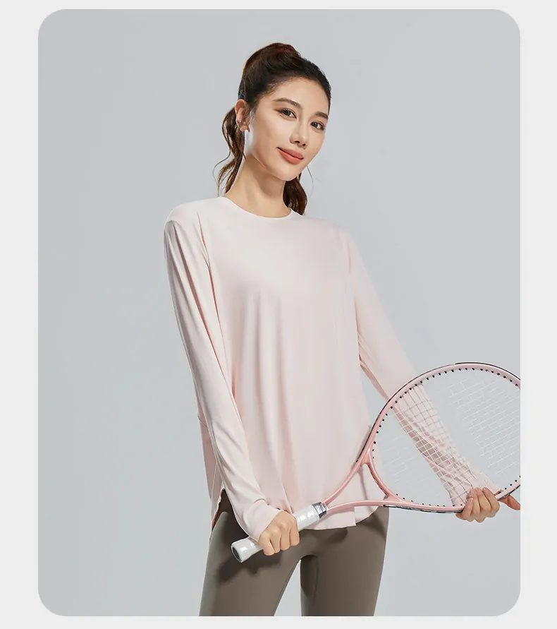 Bamboo Fiber Long Sleeve Cover-Up - Breathable Round Neck Oversized Top for Yoga & Lounge - 图片 4