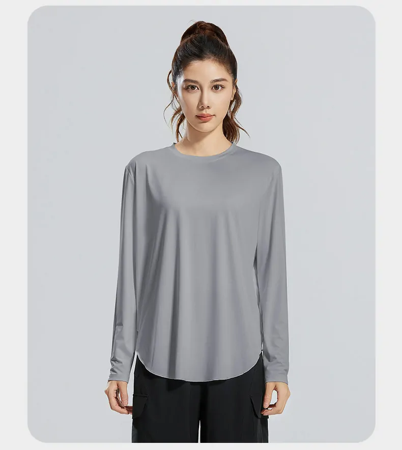 Bamboo Fiber Long Sleeve Cover-Up - Breathable Round Neck Oversized Top for Yoga & Lounge - 图片 7