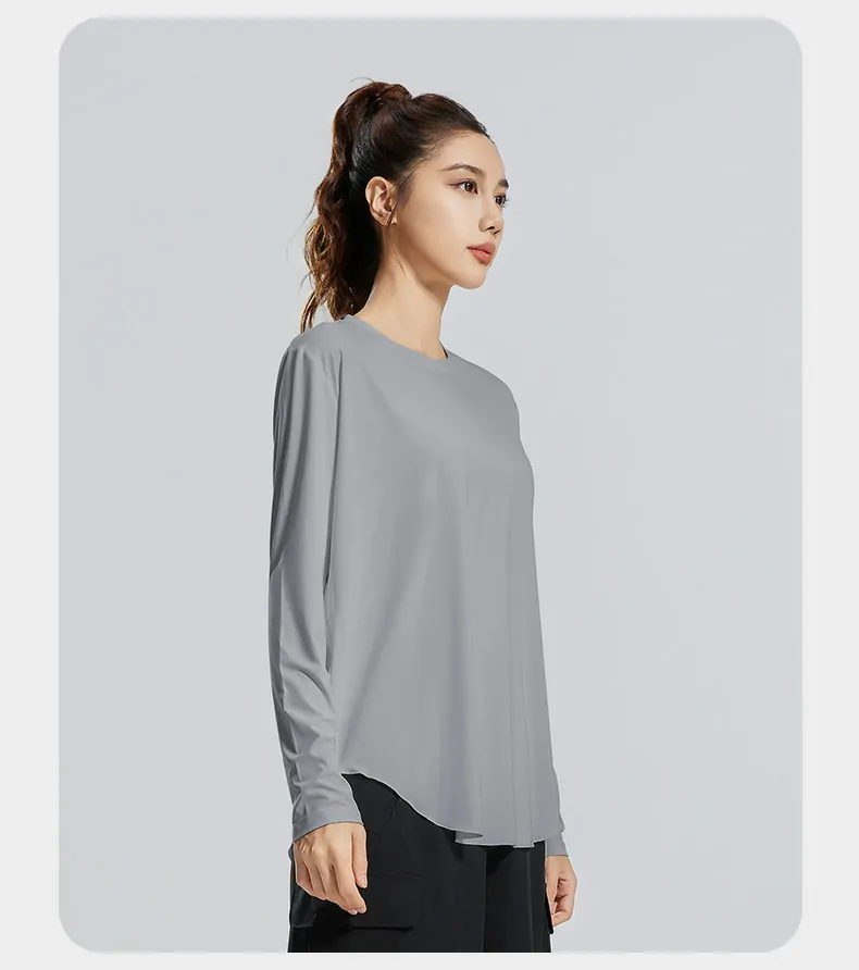 Bamboo Fiber Long Sleeve Cover-Up - Breathable Round Neck Oversized Top for Yoga & Lounge - 图片 8