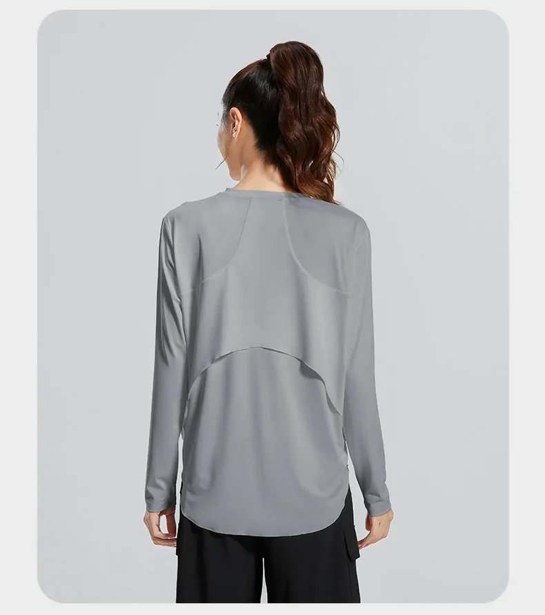 Bamboo Fiber Long Sleeve Cover-Up - Breathable Round Neck Oversized Top for Yoga & Lounge - 图片 9