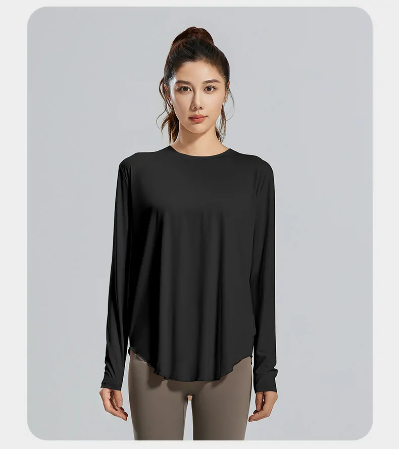 Bamboo Fiber Long Sleeve Cover-Up - Breathable Round Neck Oversized Top for Yoga & Lounge - 图片 10
