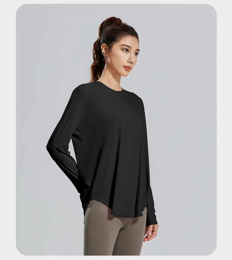 Bamboo Fiber Long Sleeve Cover-Up - Breathable Round Neck Oversized Top for Yoga & Lounge - 图片 11