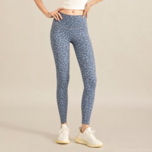 blue high-waisted leggings with a grey leopard print pattern.