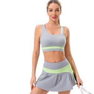 a gray and fluorescent green color-block athletic set. The outfit includes a gray square-neck sports bra with wide straps and a bright fluorescent green band under the bust.