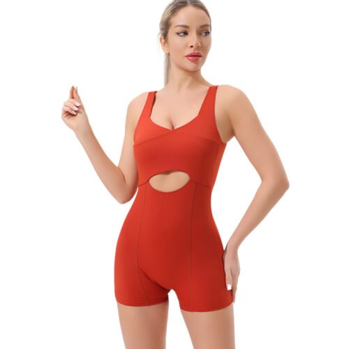 A vibrant orange-red sports jumpsuit with a simple and modern design. The top is a deep V-neck sports vest style, with an oval cutout at the abdomen adding a touch of design flair.