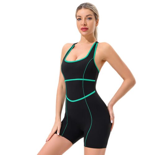 a black sleeveless athletic bodysuit with lime green contrast piping and a stylish crisscross back design