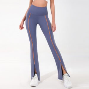 high-waisted purple flared athletic pants.