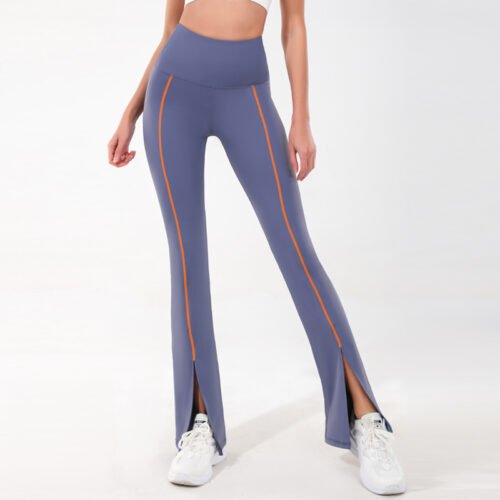 high-waisted purple flared athletic pants.