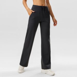 A pair of black high-waisted wide-leg sports trousers. The trousers feature an elastic drawstring waist, with slant pockets on both sides, and a loose, flowing fit.