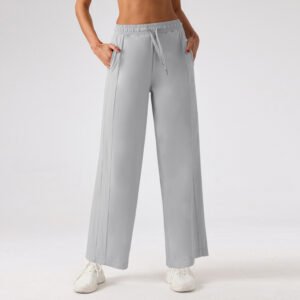 light gray high-waisted wide-leg pants with an elastic drawstring waist and side pockets