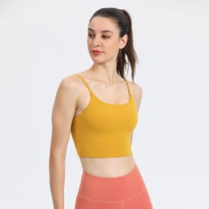 The bra features thin straps and a clean, wide banded hem.