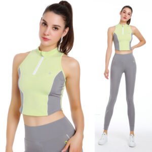 ponytail wearing a yellow-green and grey high-neck sleeveless workout top with a zipper