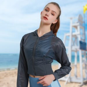 a deep blue sheer textured zip-up jacket