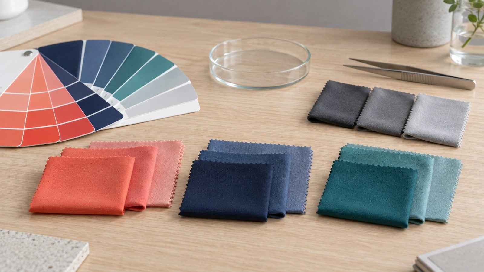 Grouped swimwear fabric lab-dip swatches in coral, navy and teal for custom color matching