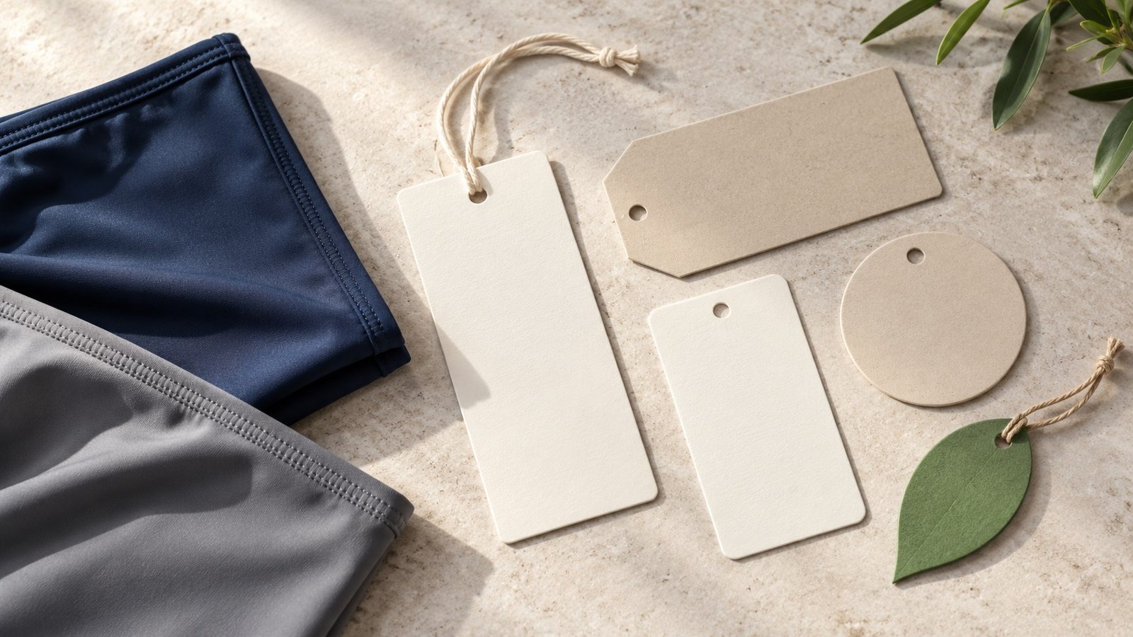 Close-up of blank swimwear hangtags and fabric swatches laid out for review under the EU green claims rules