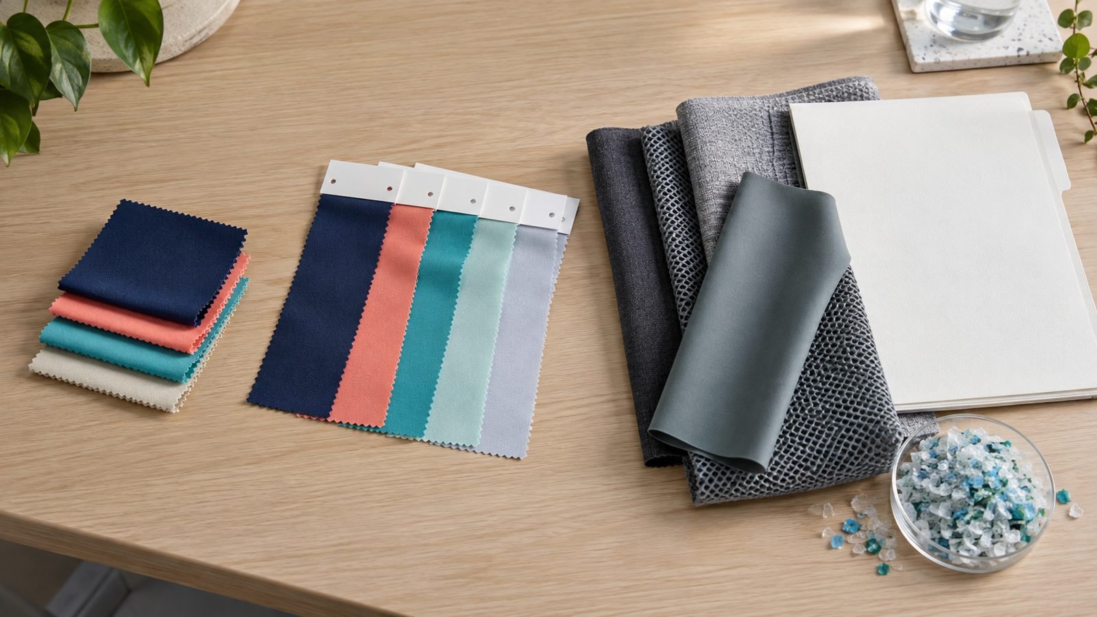 Three swimwear fabric development routes progressing from ready-stock swatches to custom color dips and recycled specialty materials