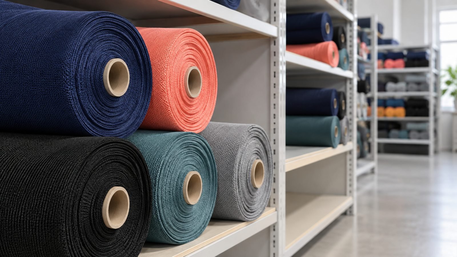 Organized rolls of swimwear fabric in storage, illustrating how stock-supported materials help keep minimum order quantities low