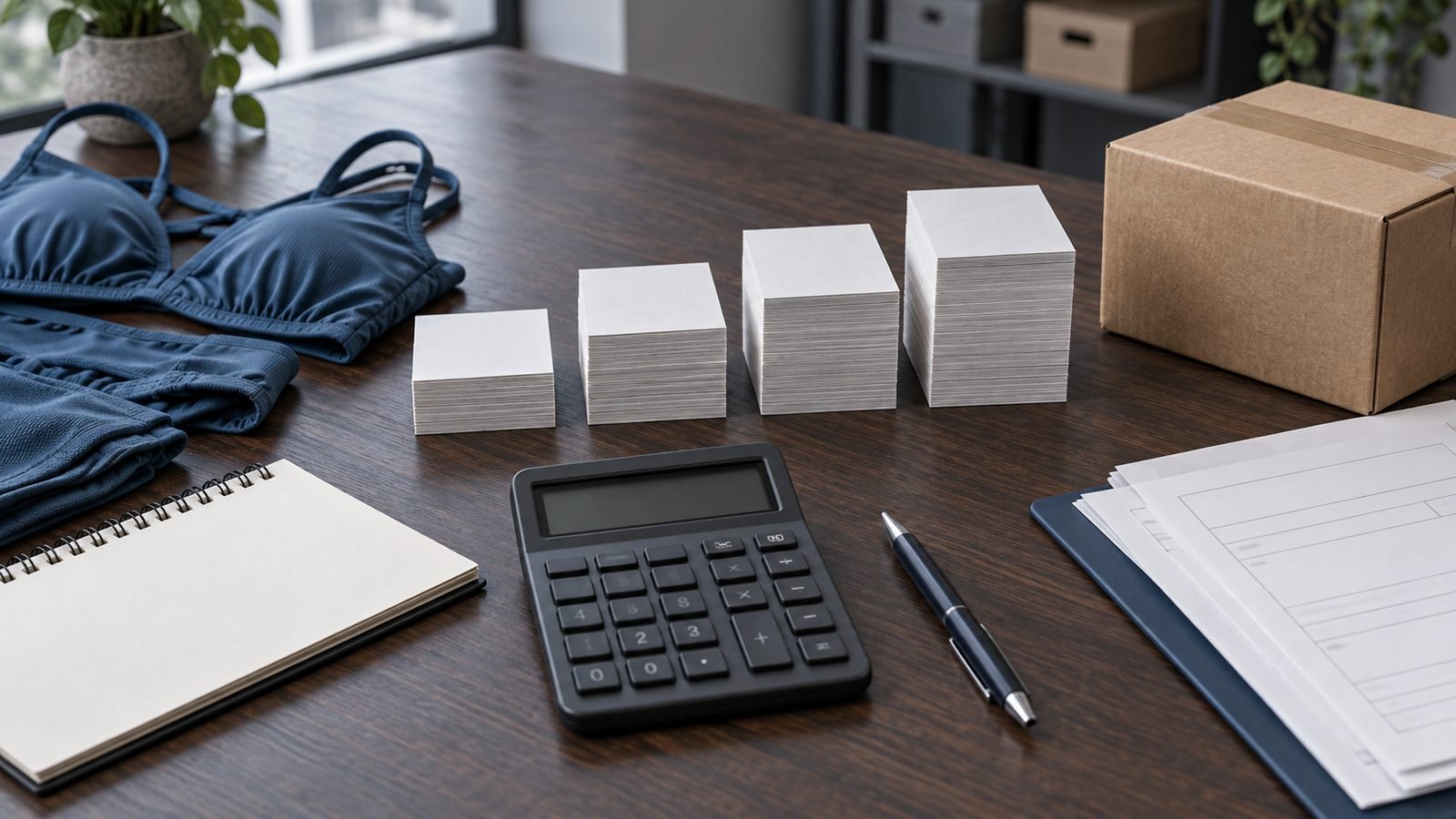 Calculator, blank shipping documents and increasing cost stacks illustrating landed cost planning for imported swimwear
