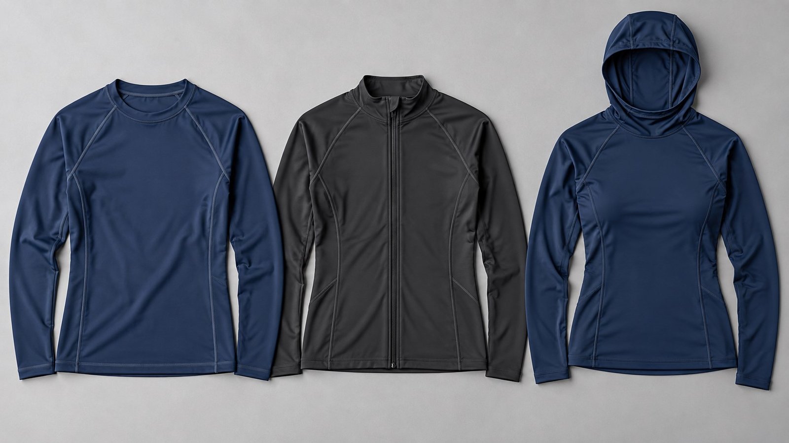Flat lay of long sleeve, zip up and hooded rash guard styles showing the fit range