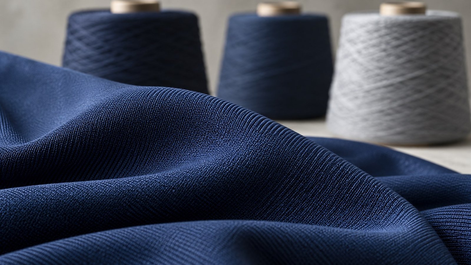 Close-up texture of recycled nylon swimwear fabric in deep blue with yarn cones in the background