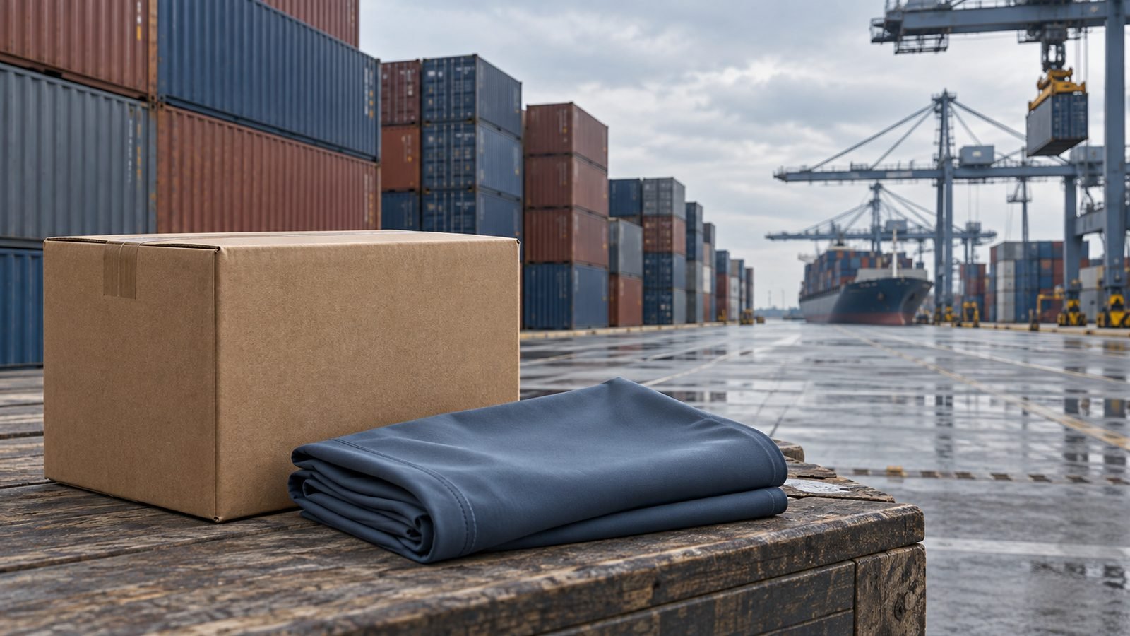 Plain shipping carton and folded swimwear fabric at an anonymous container port, illustrating freight and customs costs in swimwear sourcing