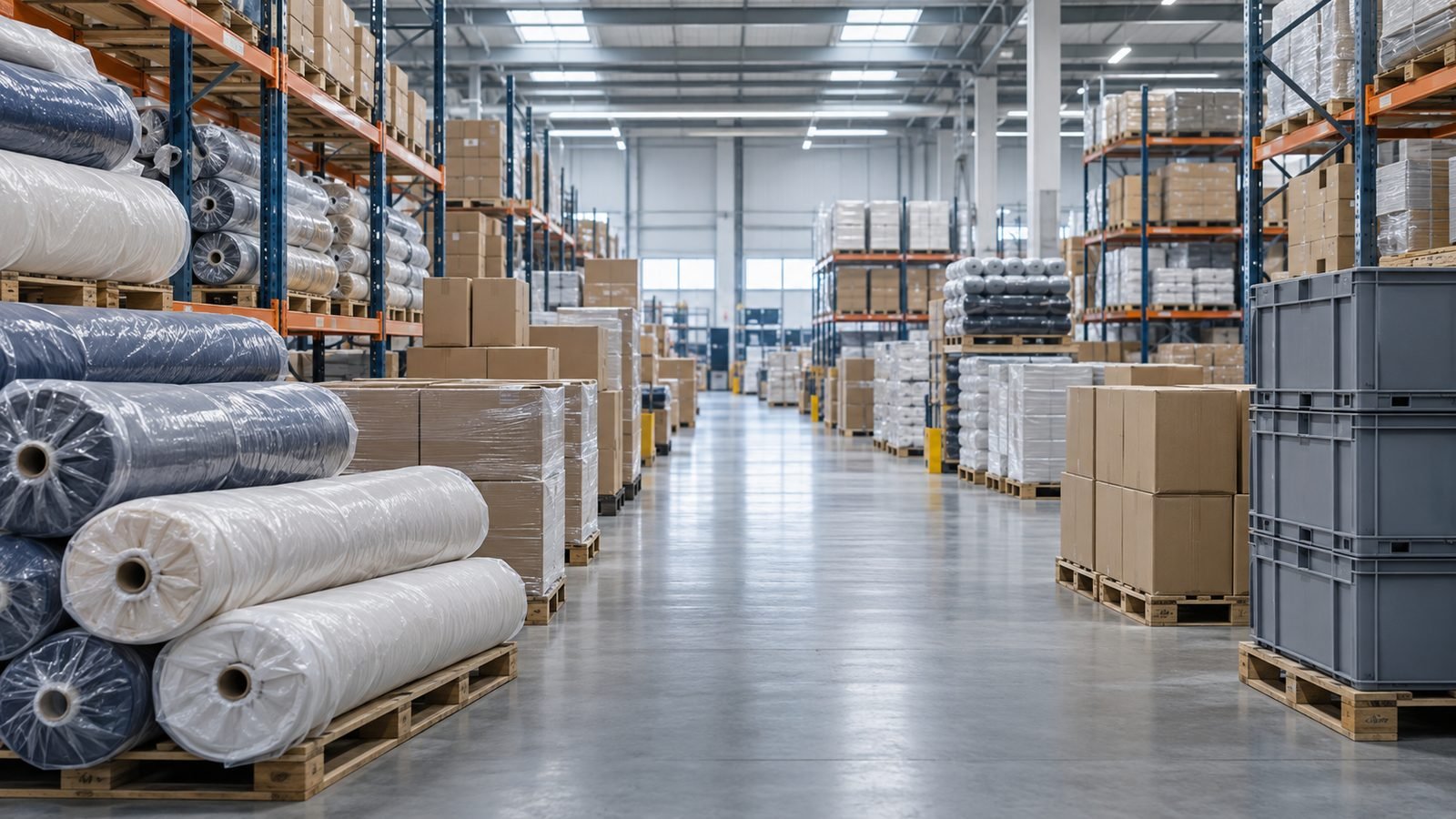 Generic logistics warehouse with fabric rolls, cartons and pallets illustrating the complexity of relocating a swimwear supply chain