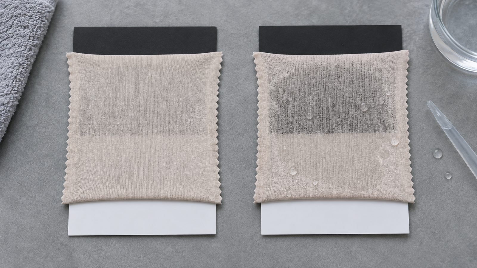 Dry and wet swimwear fabric swatches stretched over black-and-white contrast cards for opacity testing