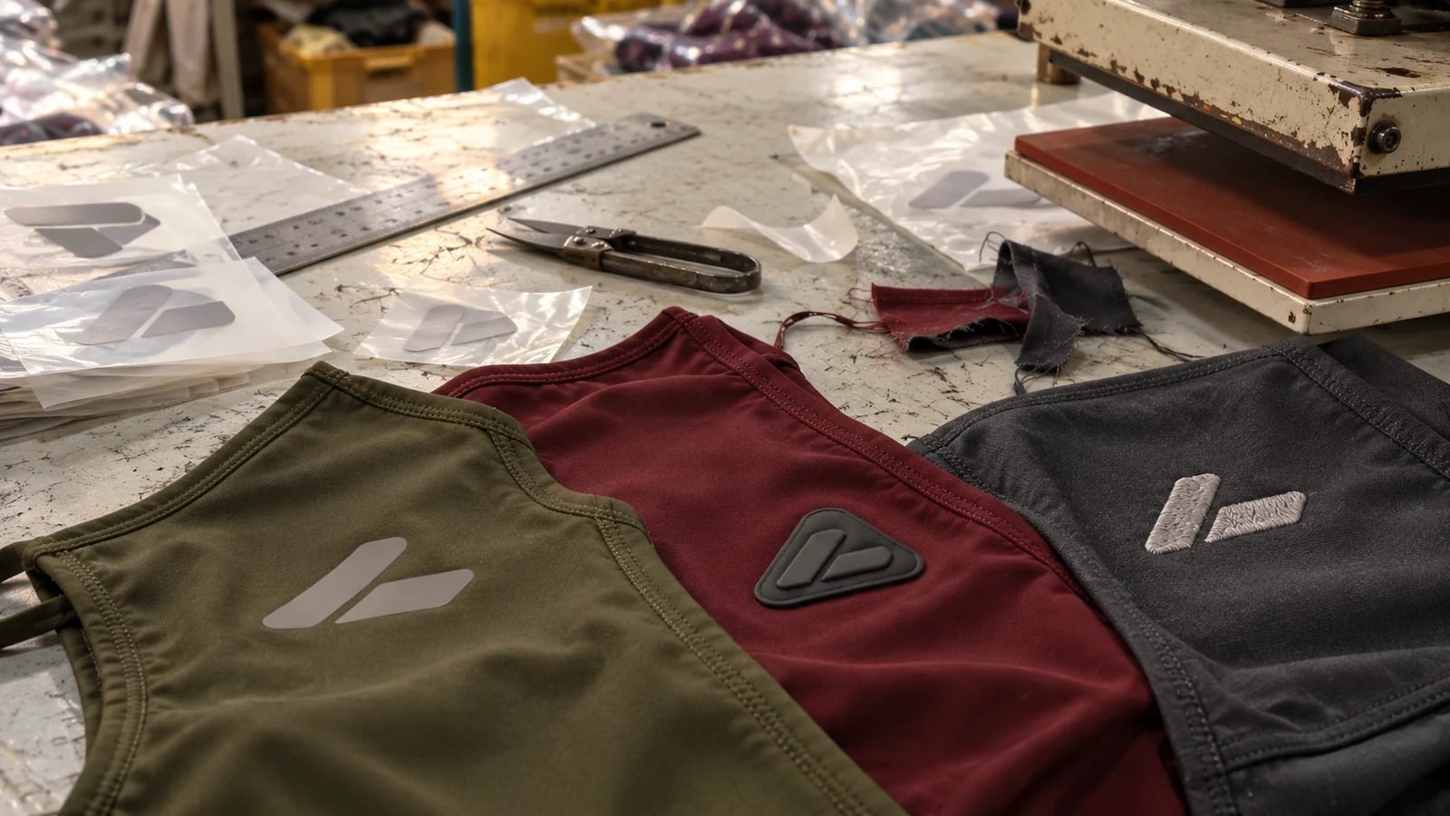Heat transfer, raised silicone and embroidery applications on colorful activewear fabrics
