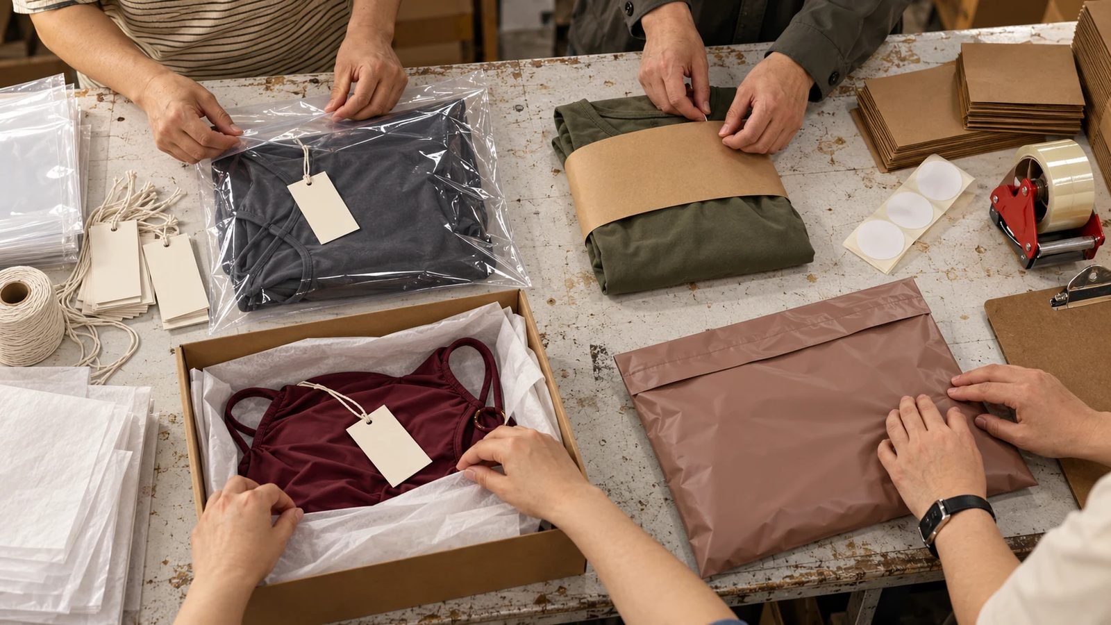 Activewear packaging options with clear garment bag, belly band, kraft box and mailer