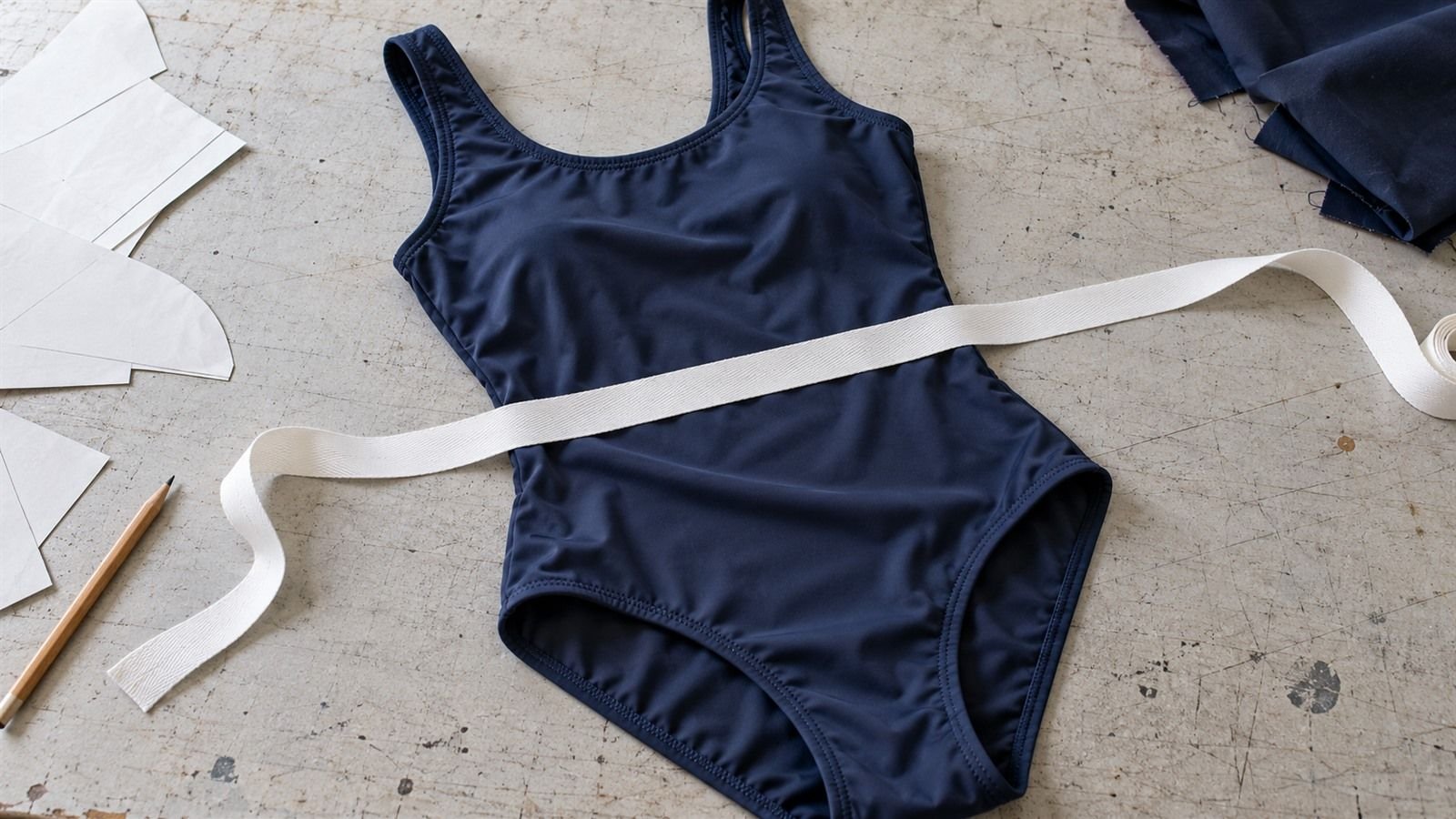 A one-piece swimsuit laid flat with an unmarked measuring tape across the torso during a size-set spec check