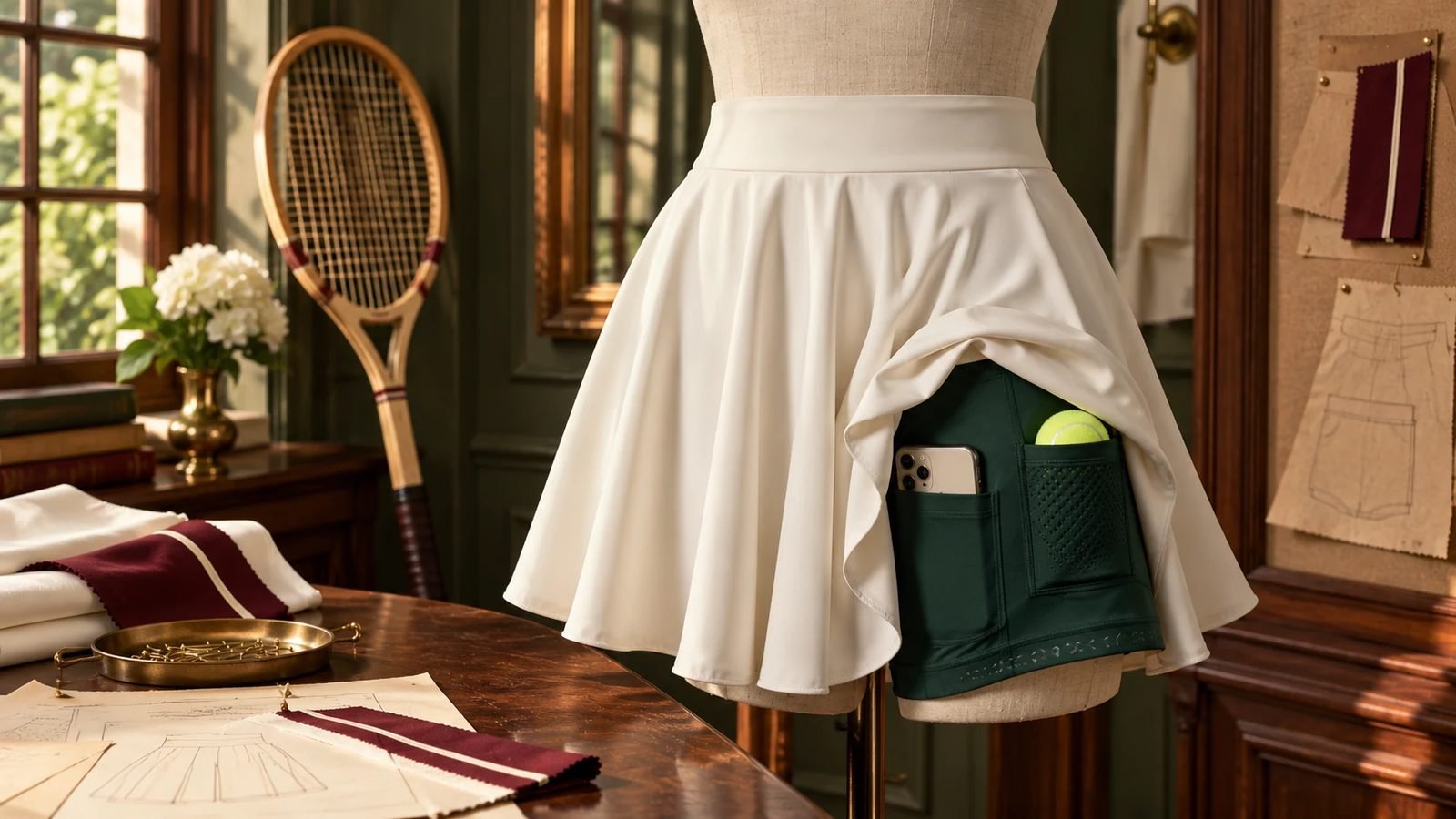 Custom tennis skort anatomy showing built-in shorts, ball pocket, phone pocket and leg gripper