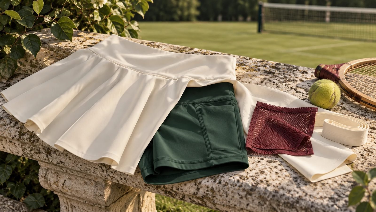 Draped coral overskirt fabric beside firm teal compression shorts fabric for a tennis skort
