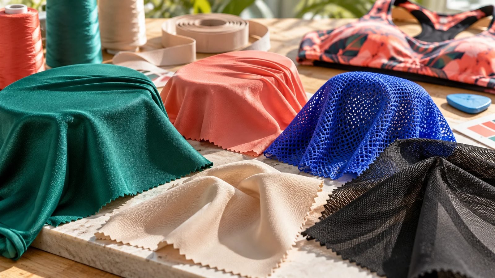 Colorful nylon-spandex, polyester-spandex, mesh and lining swatches for custom sports bras