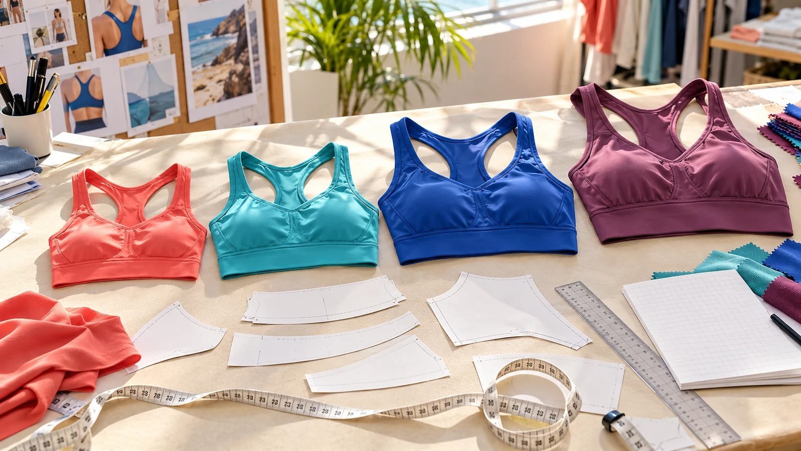 Graded sports bra size run with pattern pieces and measuring tools on a sampling table