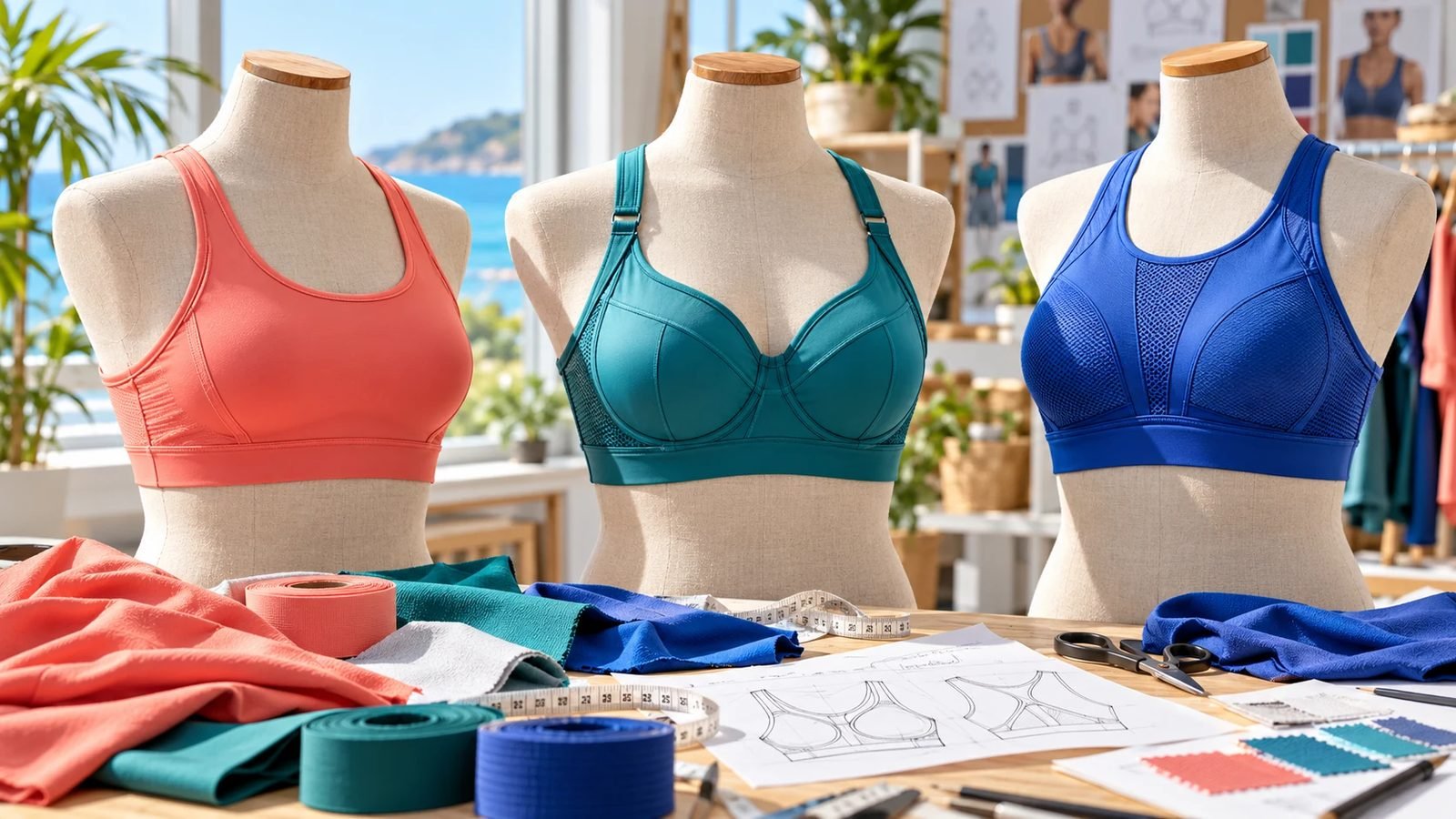 Compression, encapsulation and combined high-support sports bra constructions in a sampling studio
