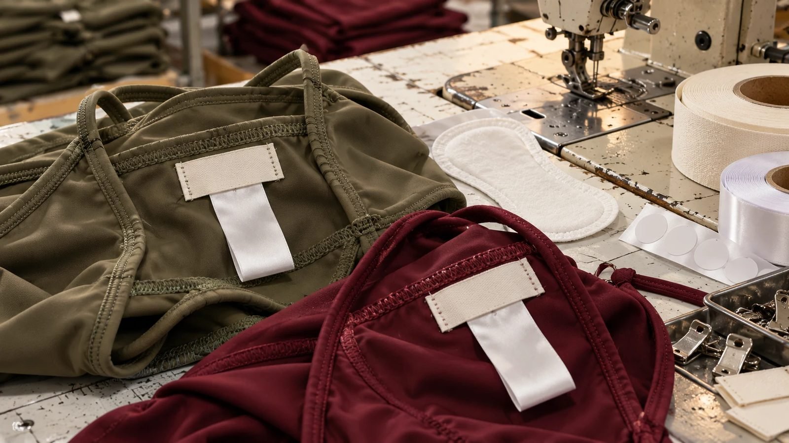 Blank woven brand labels and care labels sewn into swimwear and activewear samples
